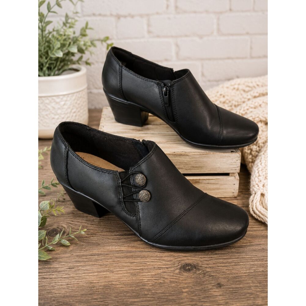 Clarks Black Leather Block Heel Ankle Bootie Shoes Women's US 8 Side Zip